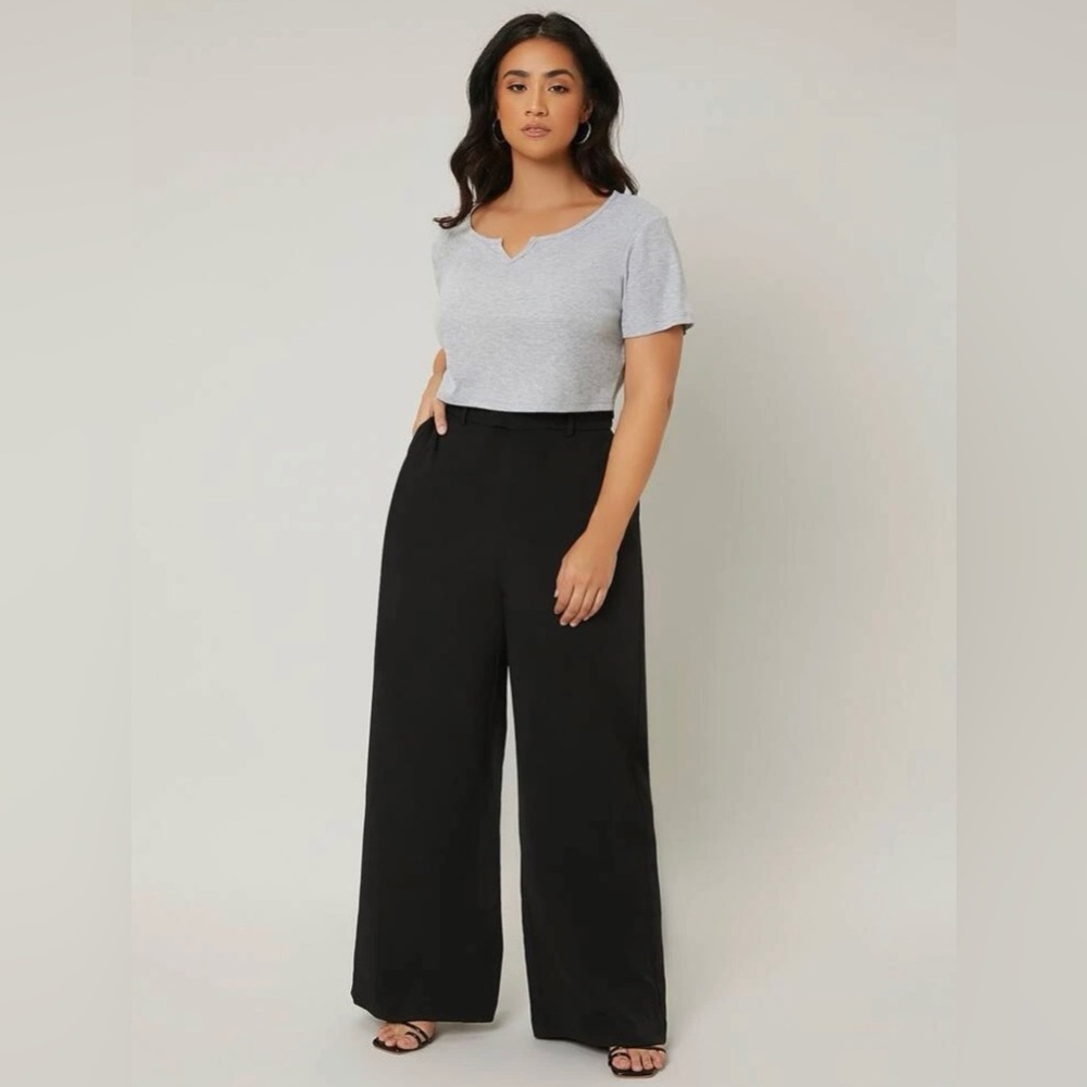 Plus Solid Slant Pocket Wide Leg Dress Pants Black Size 1XL (14)